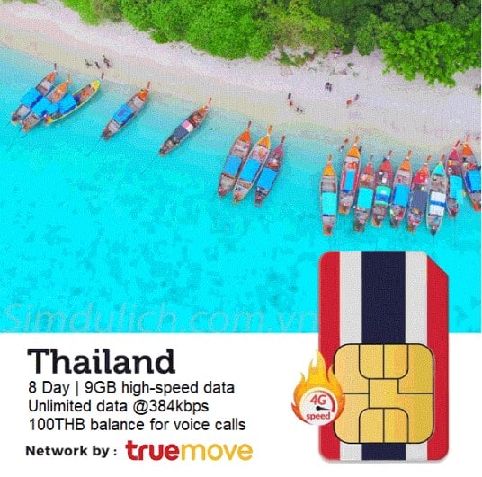 Thailand Travel Sim 8 Days 9GB, 100′ Call